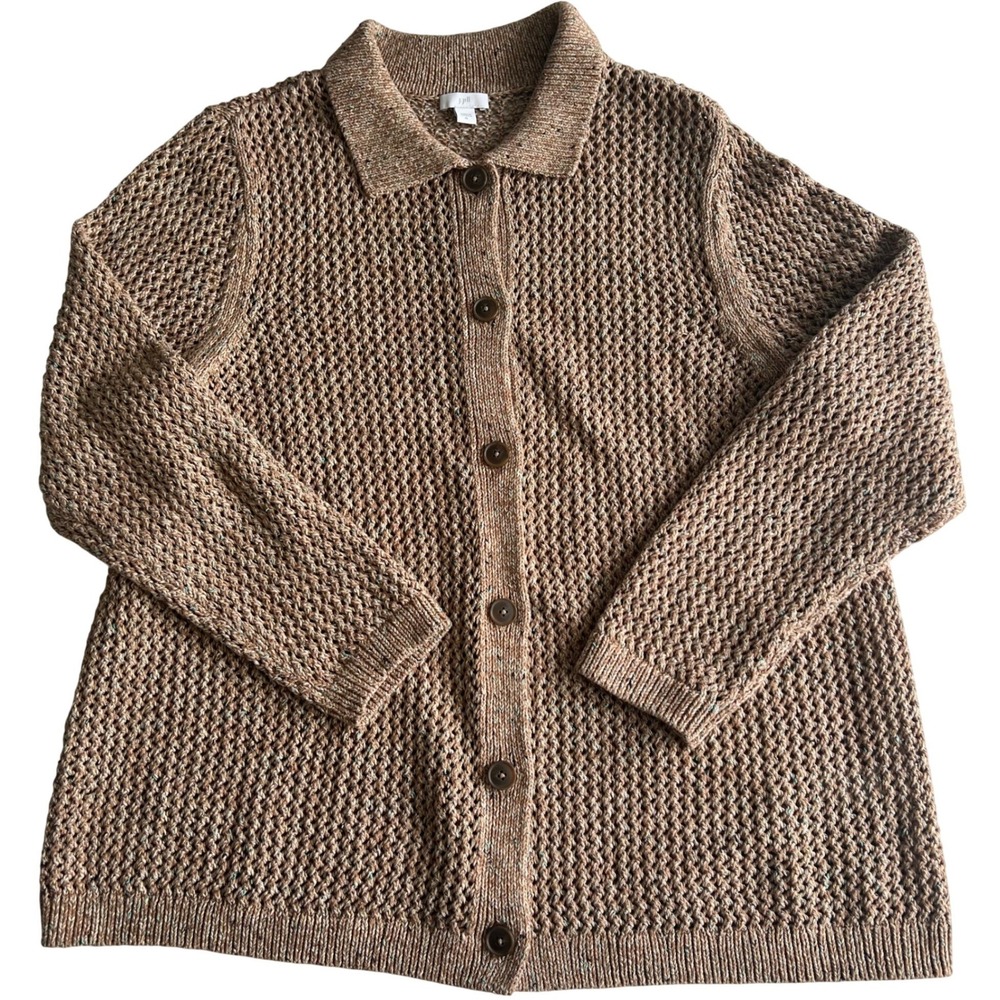 J. Jill Women's XL Cardigan Sweater Tan Marl Textured Open Knit Button Front